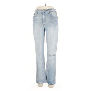 ZARA Women's Light Blue Distressed Straight Leg Denim Jeans 5-Pocket Button Zip